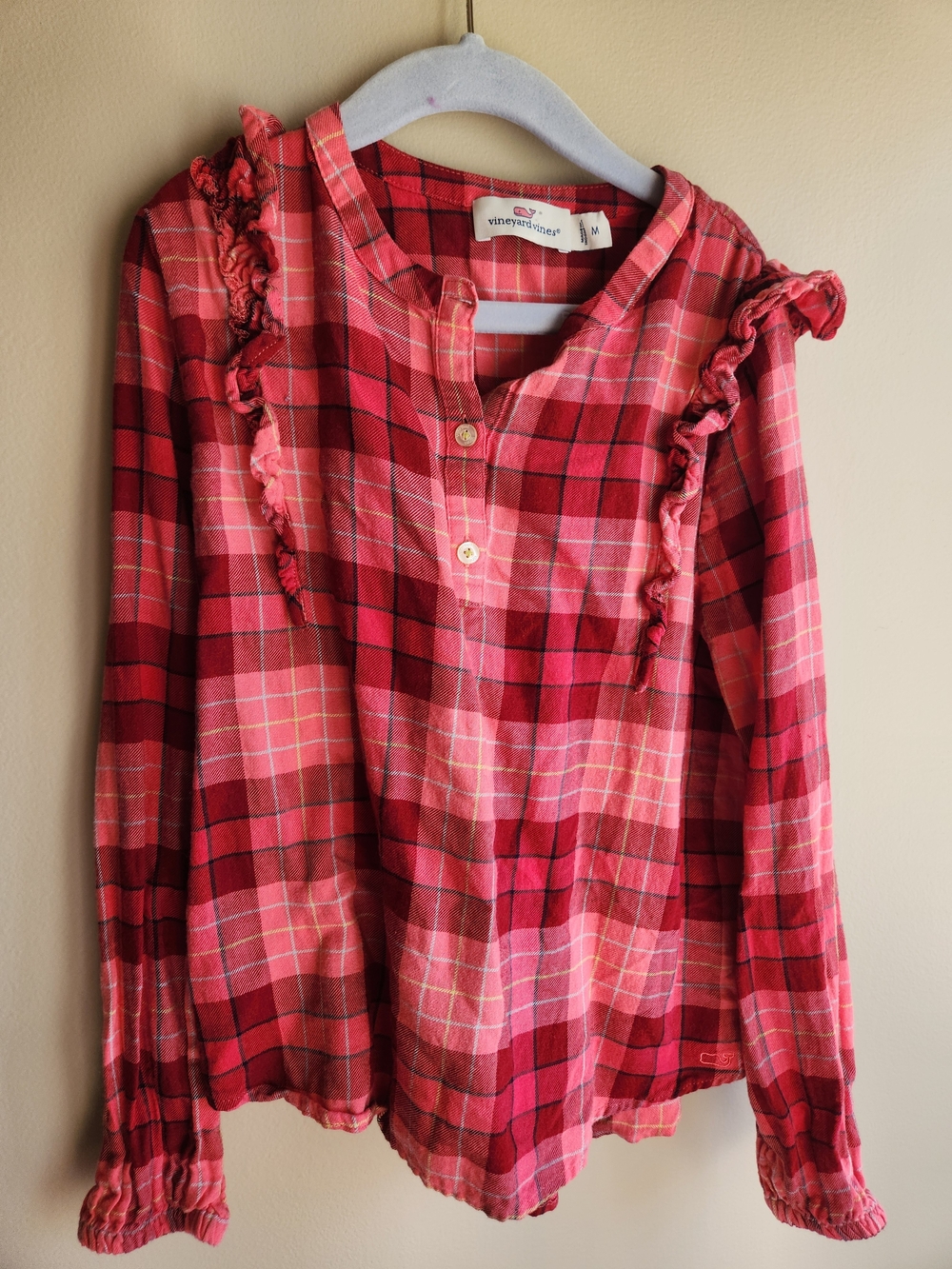 Vineyard Vines Red & Pink Plaid Ruffle Long Sleeve Top